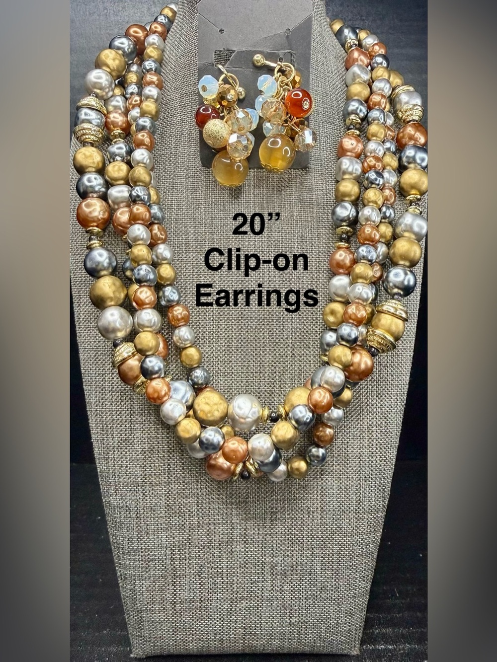 Tri-Tone Metallic Pearl Multi-Strand Necklace with Clip-On Earrings